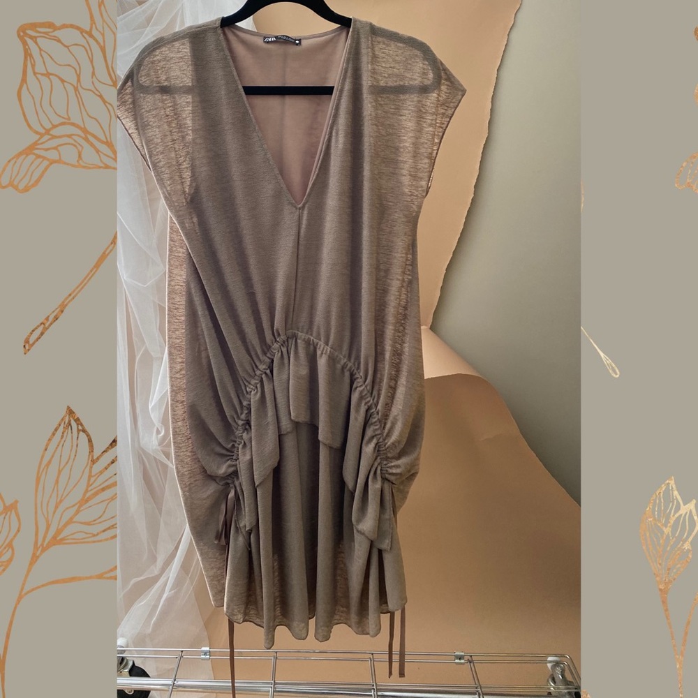 Zara taupe v neck gathered front dress